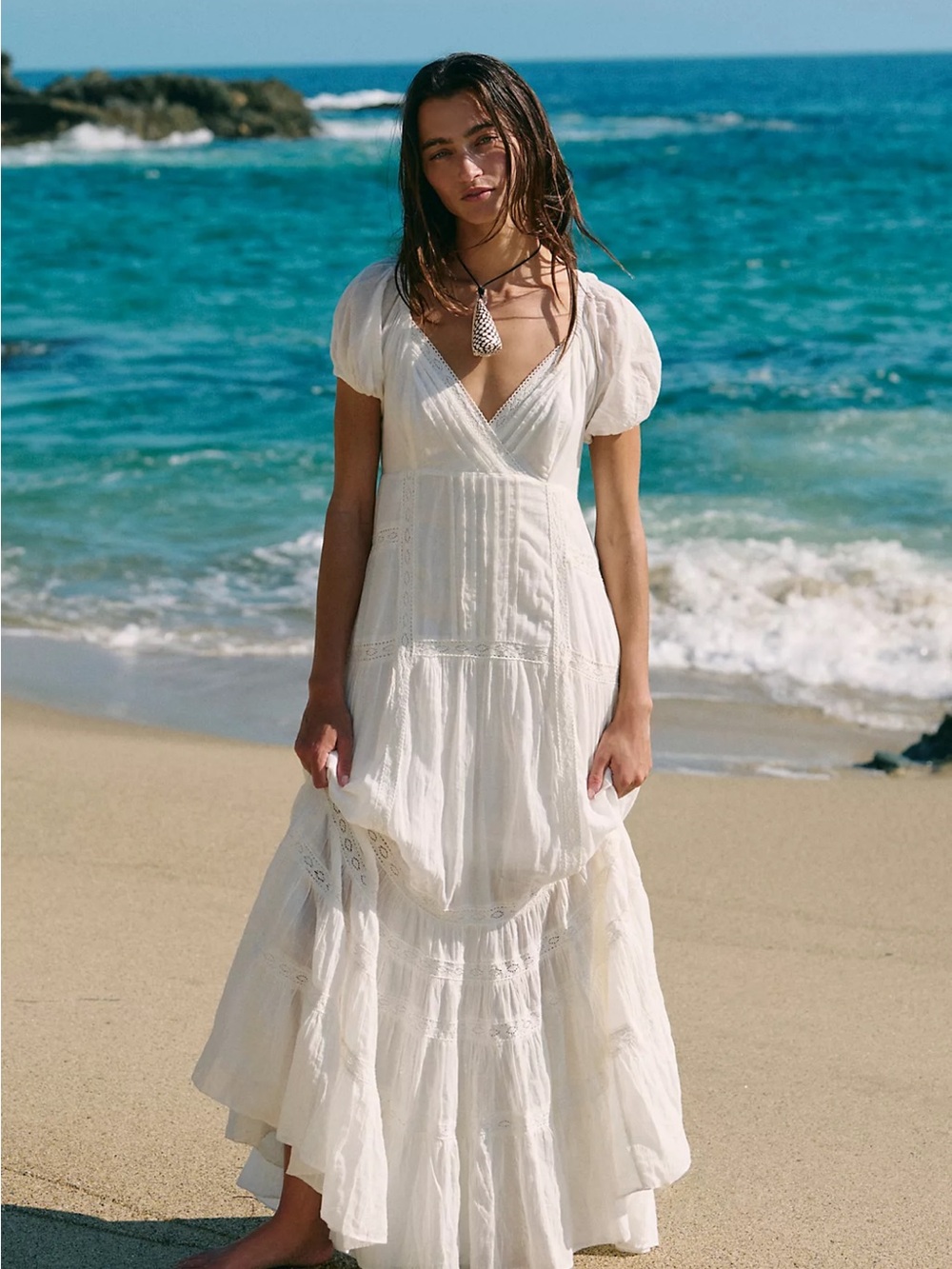 Free people aura maxi. Boho Ivory V-Neck Tiered Maxi Dress with Puff Sleeves